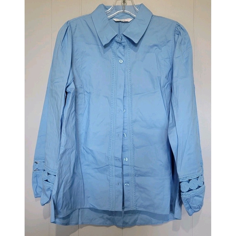 Isaac Mizrahi Live Womens 8P Light Blue Eyelet Lace Trim Button Down Blouse Top
